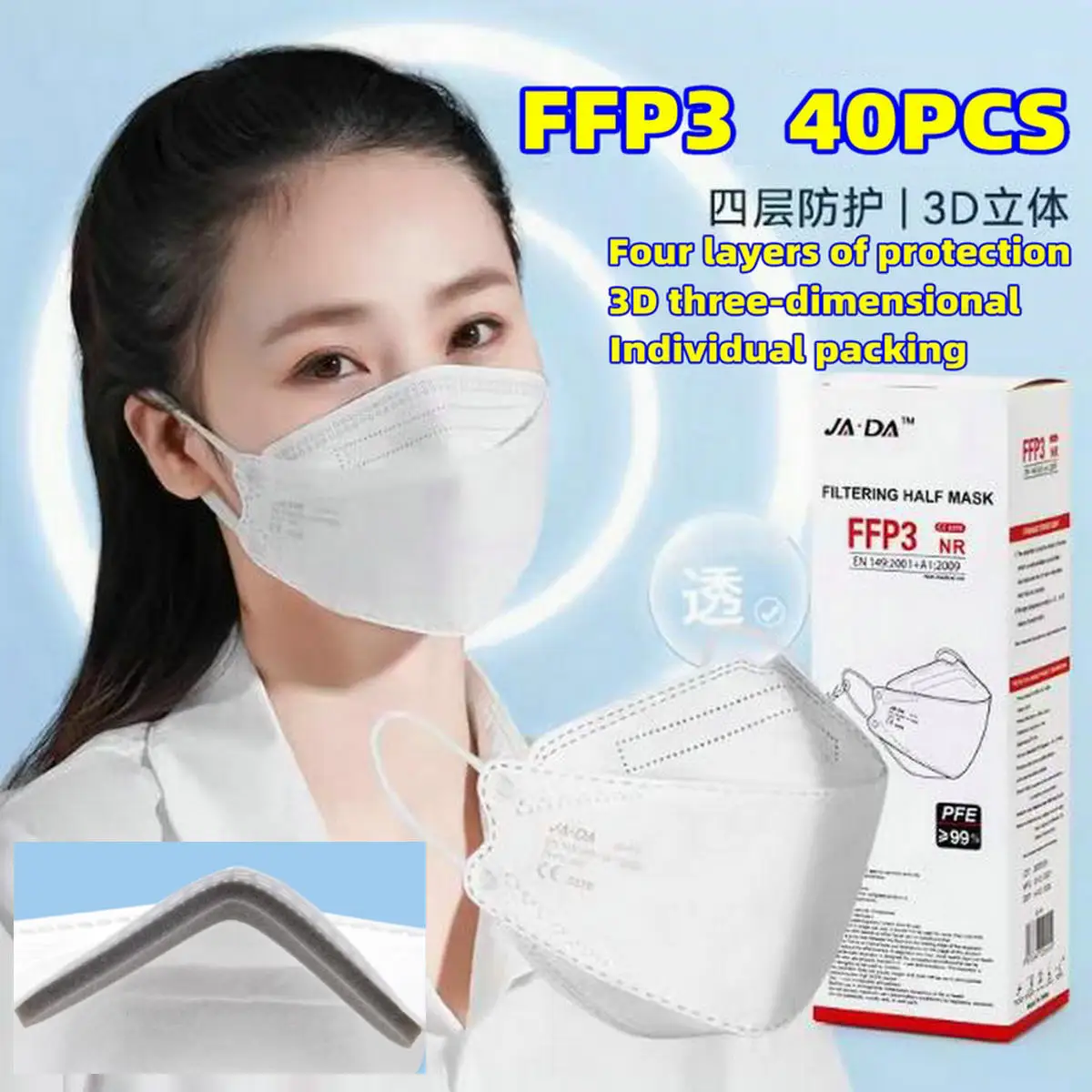 Fish shaped FFP3 mask EU CE certified EN149 independent packaging box fish mouth respirator 5-layer 99 grade with sponge strip