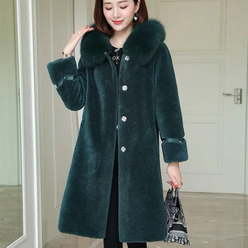 2023 Winter New Women Grain Cashmere Fur Coat Slim Large Size Long Parkas Thicken Warm Fashion Hooded Outwear Casual Mom Outfit