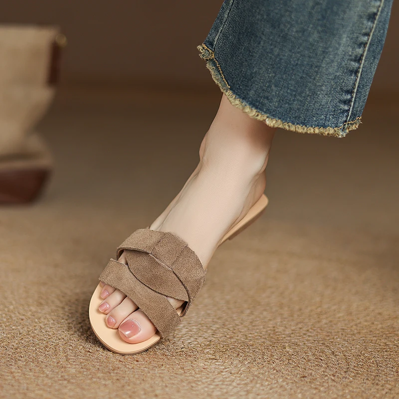 

Women Summer Shoes Casual Half Slippers Khaki Brown Classic Style Trendy Sandals Cow Suede Daily Sandals Size 34-43