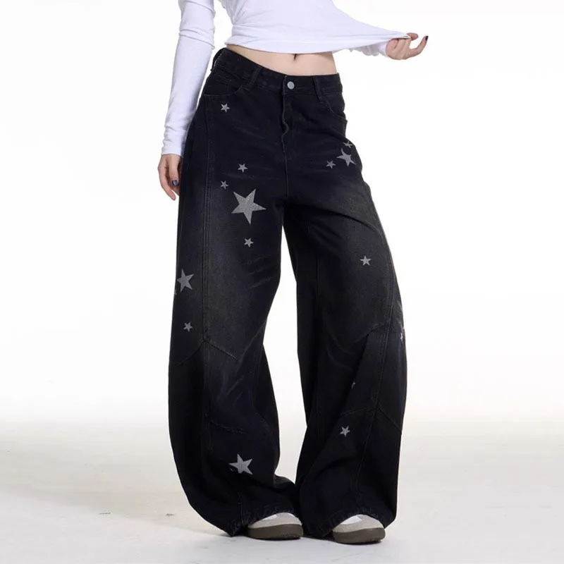 ANJY Spring Autumn New Women Washed Vintage Print Design Versatile Wide Leg Jeans Trendy Loose Distressed Ins Denim Pants A22935
