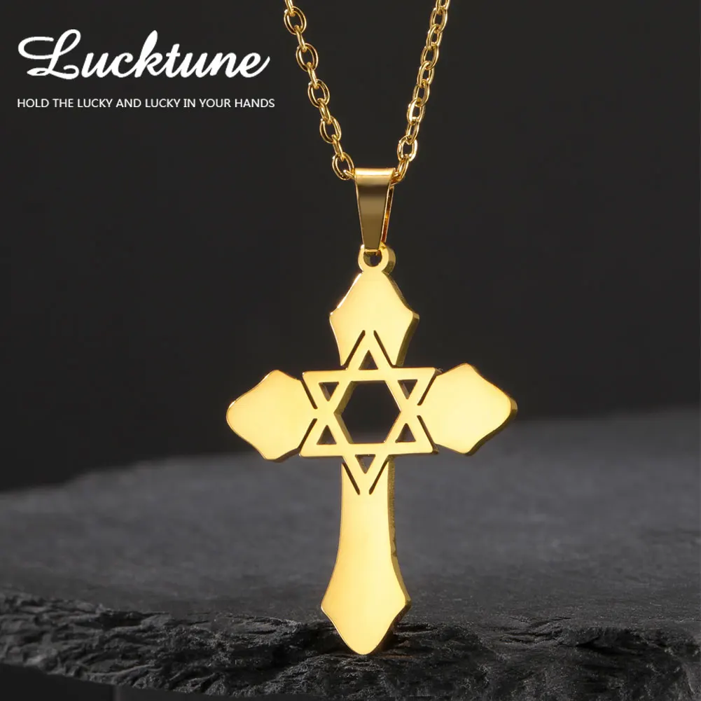 Lucktune Hexagram Cross Pendant Necklace for Women Men Stainless Steel Israel Star Of David Amulets Necklace Jesus Jewelry Gifts