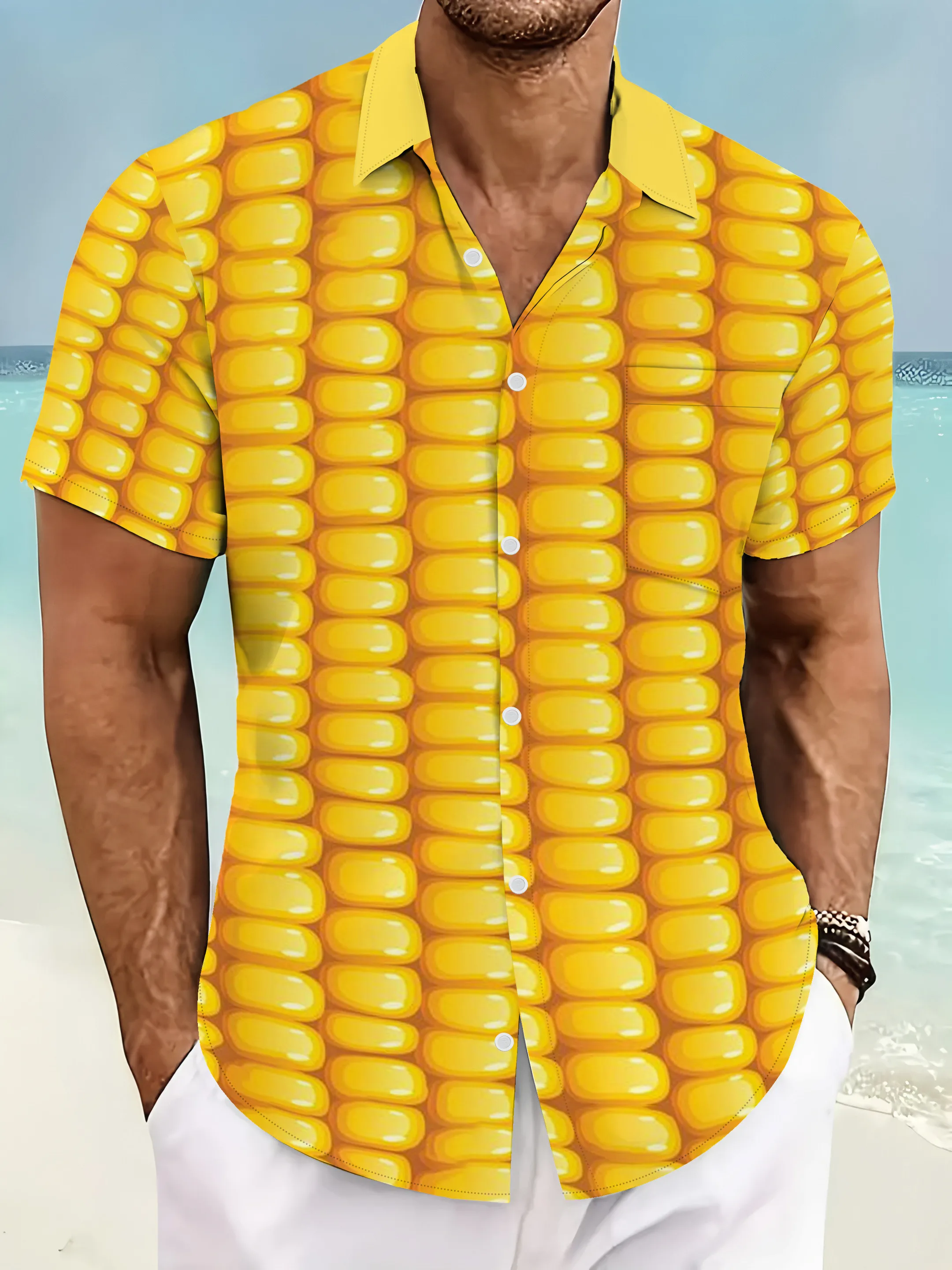 

2026 Summer Men's Shirt Street Fashion Personality Corn Print Quick Drying Leisure Outdoor Sports Casual T-shirt Shirt