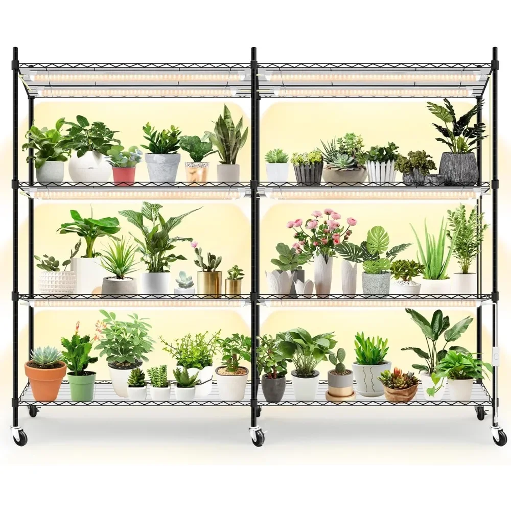 Plant Shelf with Grow Light,4-Tier Large Grow Light Shelf with Wheels,Stainless Steel,12-Pack 288W T8 Full Spectrum Grow Lights