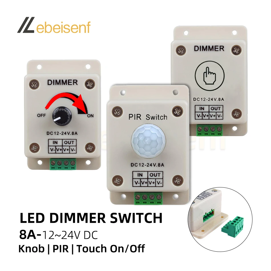 LED Dimming Switch DC 12V 24V 8A 1 Channel Knob Dimmer Touch Controller / PIR Motion Sensor On/Off for Single Color Strip Lights