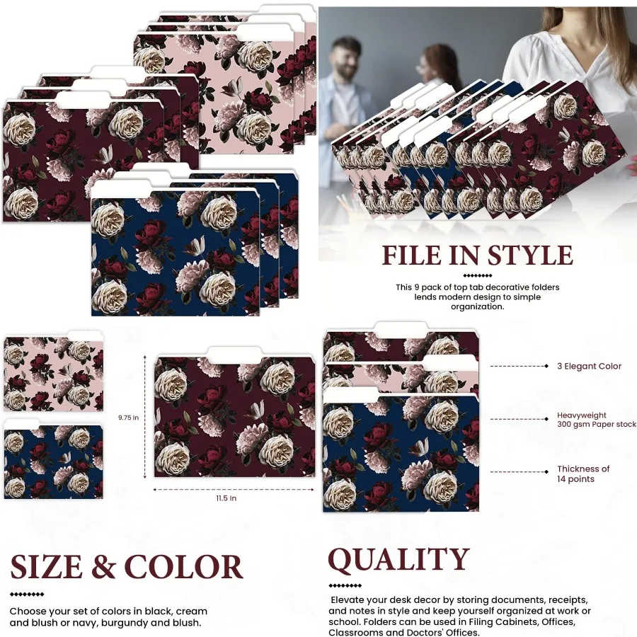 

9 Decorative File Folders for Women Navy Moody Flowers Cute Design with Colored Tabs for Easy Organization Ideal for Office Sch