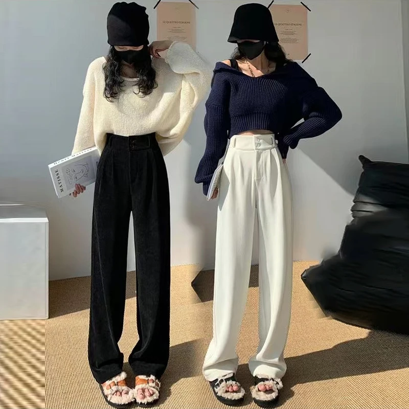 

Women Winter Plus Velvet Wide Leg Pants Vintage Female Korean Thick Casual Loose Corduroy Pant High Waist Straight Trousers