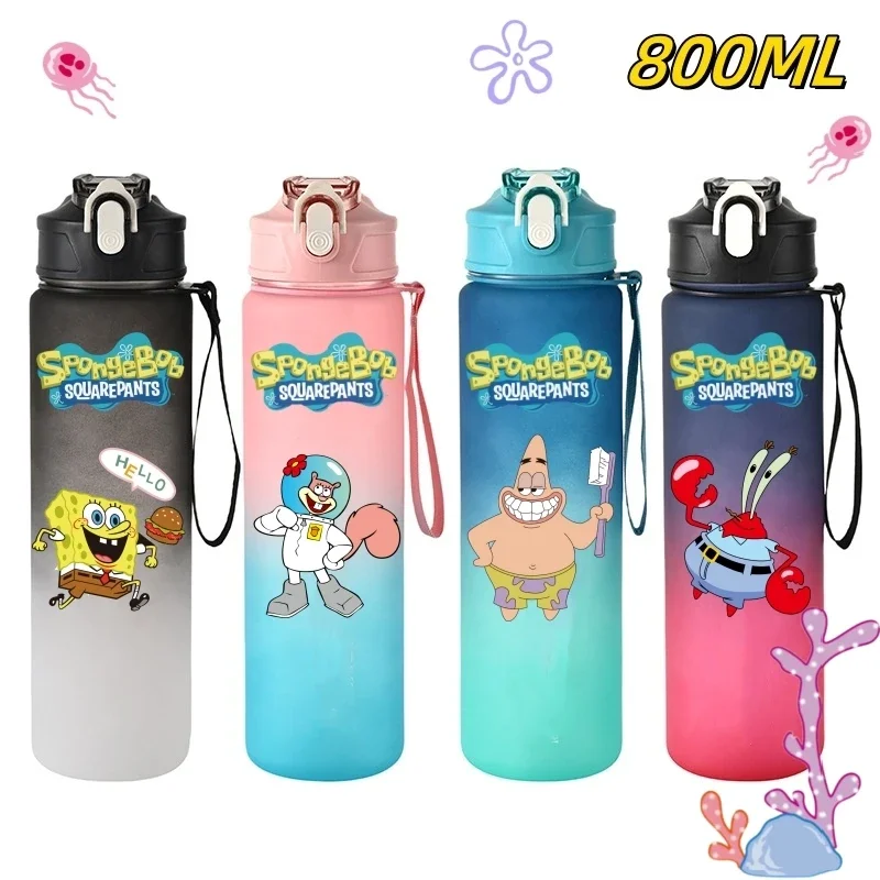 800ML SpongeBob SquarePants Large Capacity Sports Water Bottle Plastic Cup Patrick Star Portable Cup Gym Fitness Jugs Gift