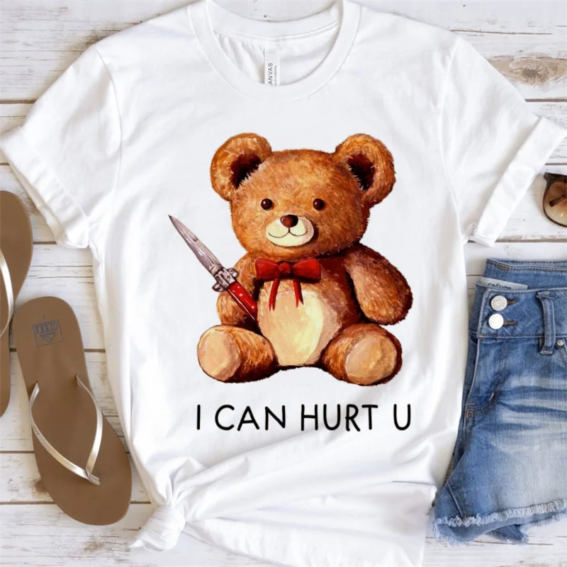 Women's Printed Cute Teddy Bear 90s Trend Summer Clothing Fashion Casual T-Shirt Short Sleeved Women's Pattern O-Neck T-Shirt