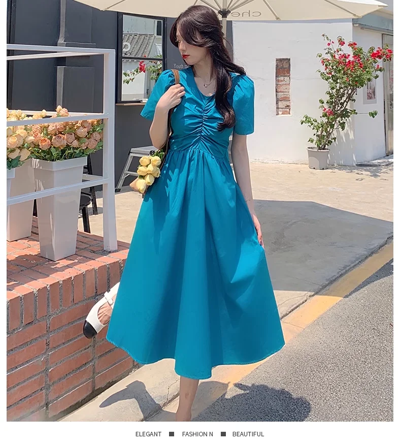 Summer New Solid Round Neck Color Hollow Out Backless Bow Waist High Long Dress Simplicity All-match Korean Women Clothing