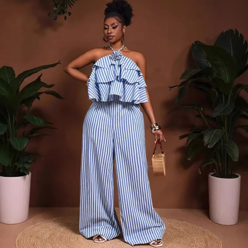 Doyerl Combinaison Femme Halter Dos Nu Ample à Jambes Larges, Vêtement d'Été avec Appliques et Volants en Cascade, Tenue de Vacances Une Pièce