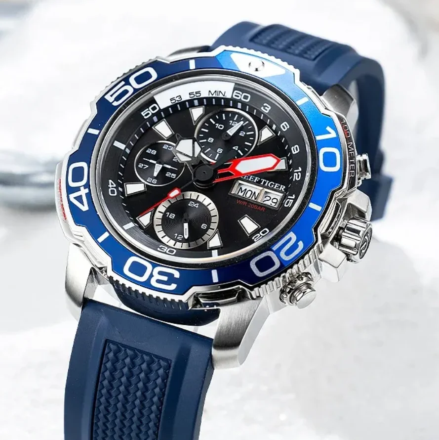 

Мужские автоматические часы Reef Tiger, 45 мм, военные механические наручные часы, 50 м, водонепроницаемые, светящиеся, с несколькими циферблатами, месяц, недели, дата, 24 часа