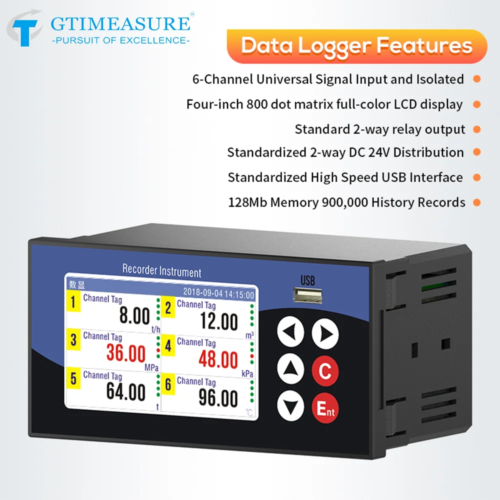 Smart Data Logger Temperature Pressure Current Voltage Recorder Trend Chart Data Report PT100 4-20mA Analog Signal RS485 USB