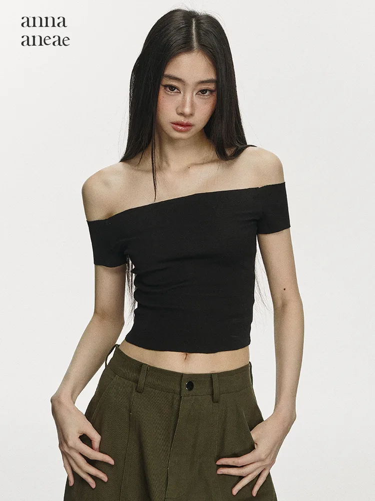 

Anna Aneae Knitted ort Sve One oulder T-irt Women Summer Design Sensual Clavicle Bared Top Street Sle Slim Fit Pur...