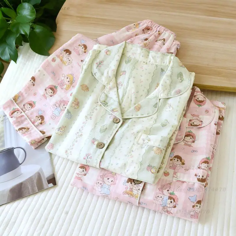 

Женский пижамный комплект, одежда для сна с мультяшным принтом, элегантный топ и брюки, 2 шт., весенне-осенняя хлопковая пижама Pour Femme, одежда для сна, домашняя одежда