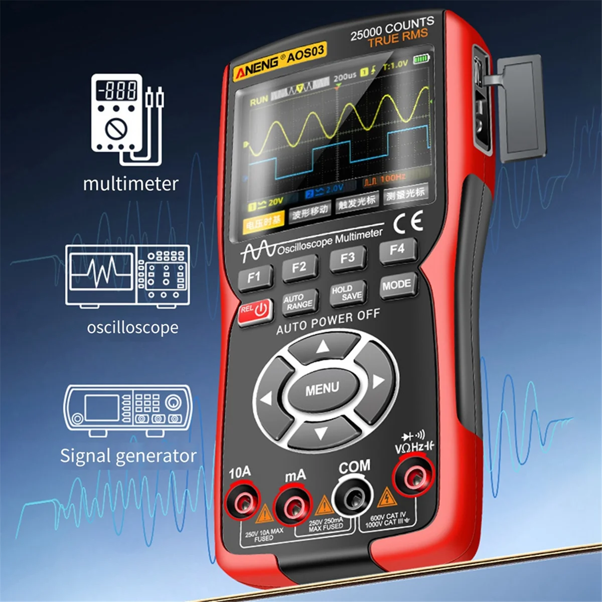 

AOS03 Oscilloscope Multimeter Signal Generator Waveform Output Handheld Battery LCD Screen Display Multimeter