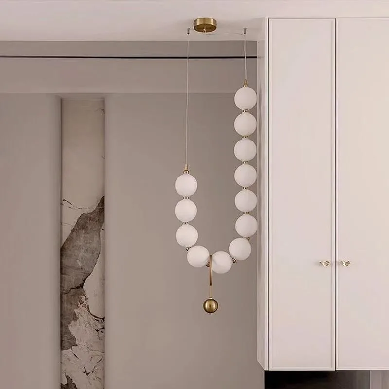 

French bedside pendant light bedroom living room background wall artistic decoration pearl necklace LED light