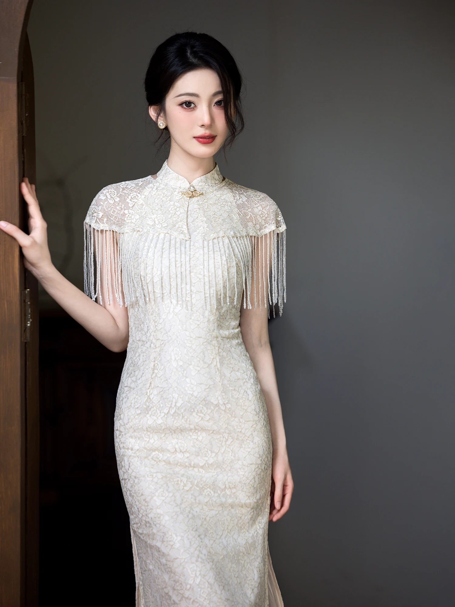 

White Two-Piece Set Wedding Dr Fem New Chinese Sle Improved Long Qipao Evening Gown for Engagement And Banquet