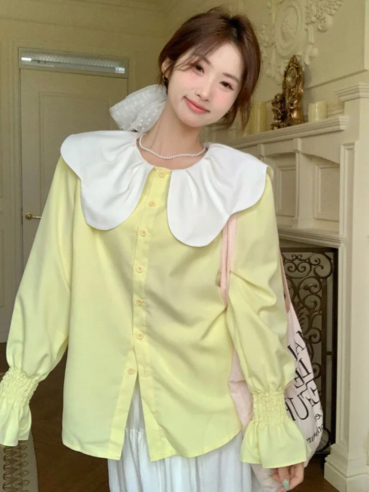Estilo preppy doce bonito camisas femininas solto elegante manga longa outono blusa vintage casual macio japão feminino amarelo kawaii topos