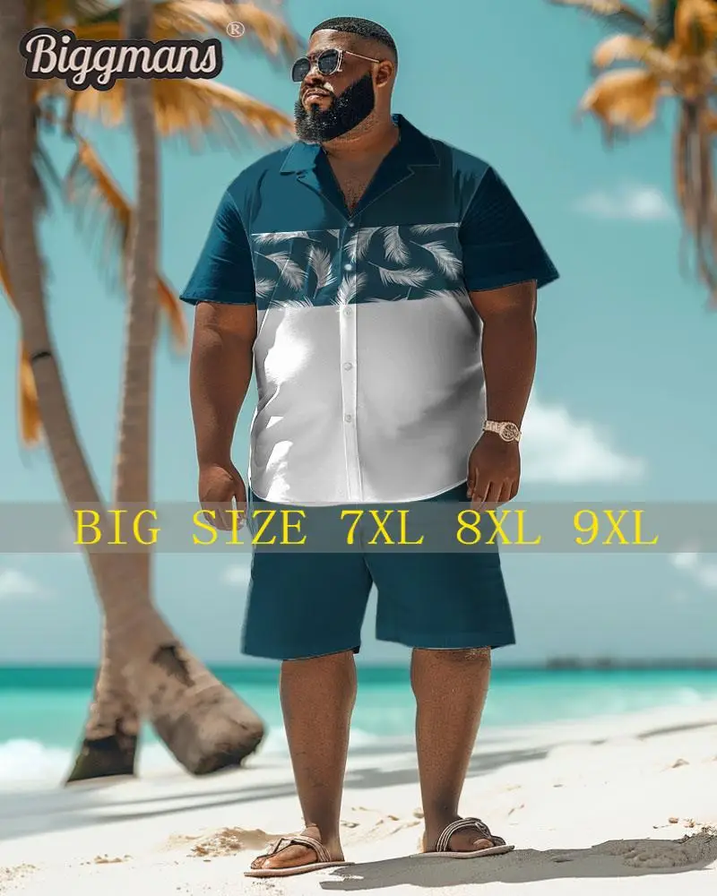 

Biggmans Plus Size （L-9Xl） for Summer Men's Hawaii Set Oversize Men's Feather Print Series Short Sleeve Shirt Shorts 7Xl 8Xl 9Xl