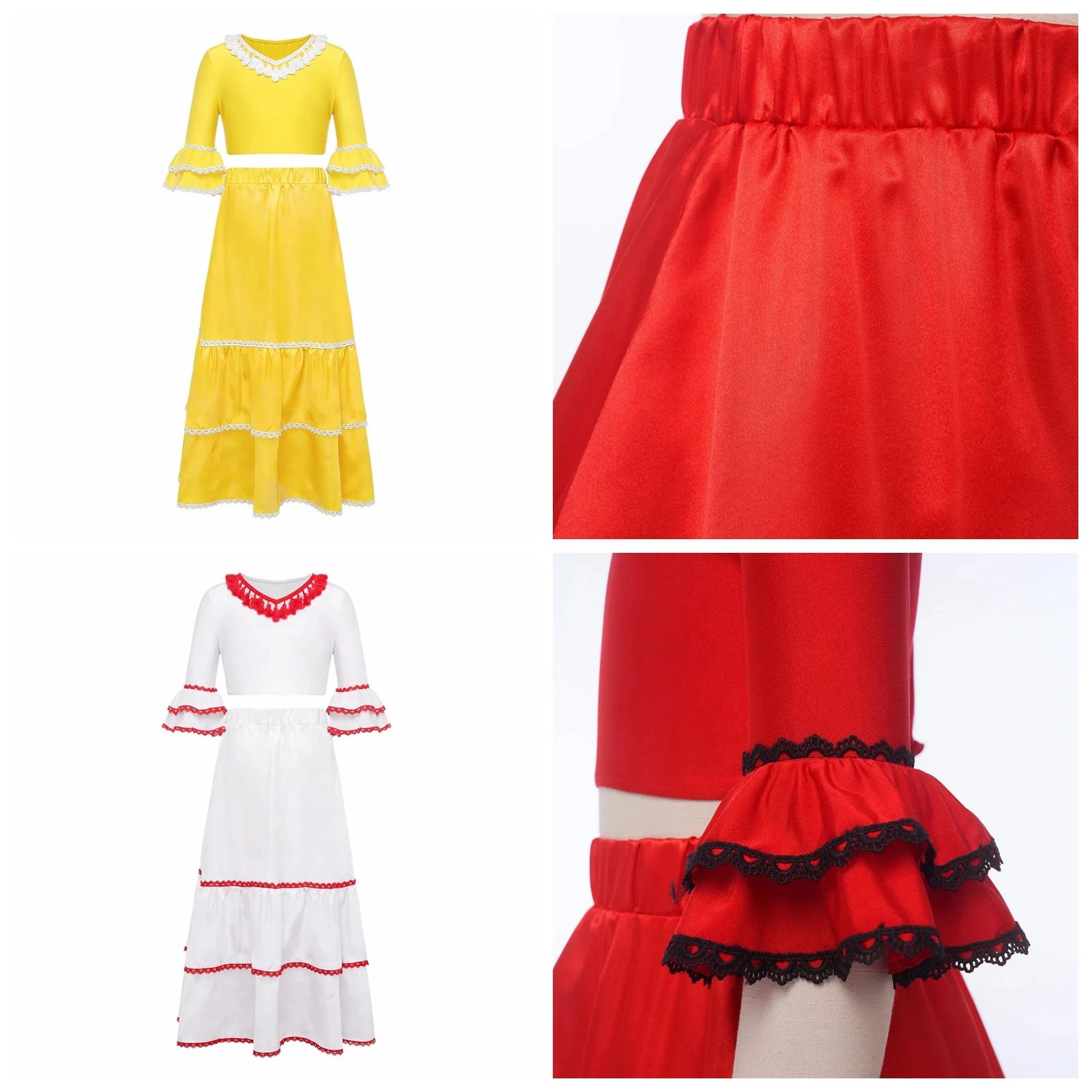 Traje de Baile Flamenco para Niñas, Top Corto con Volantes y Borlas + Falda, Disfraces Clásicos Mexicanos para Actuaciones Infantiles