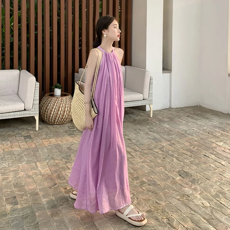 Cml Elegant Minimalist Lightweight Craftsmanship Upgraded Ramie Dress Vacation Dress Summer Halter Long Dress