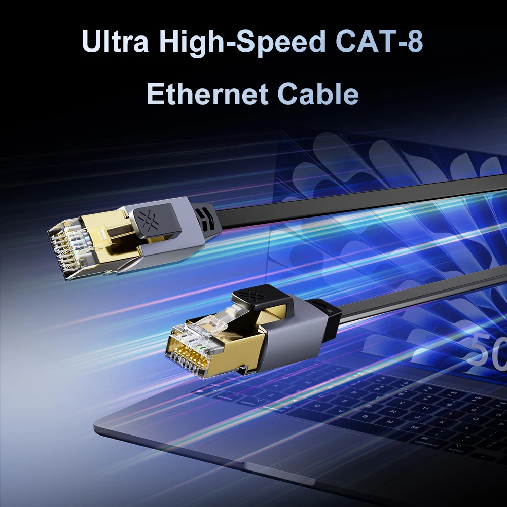 ASOMETECH Cat 8 Ethernet Cable Round / Flat High Speed Ethernet Cable 40Gbps 2000Mhz Gold Plated RJ45 Connector LAN Cable S/FTP