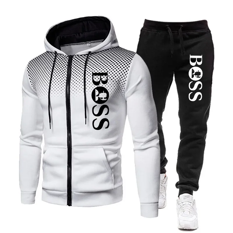 Roupas masculinas outono e inverno casual roupas esportivas terno de fitness ao ar livre zíper jaqueta com capuz + moletom jogging conjunto de duas peças