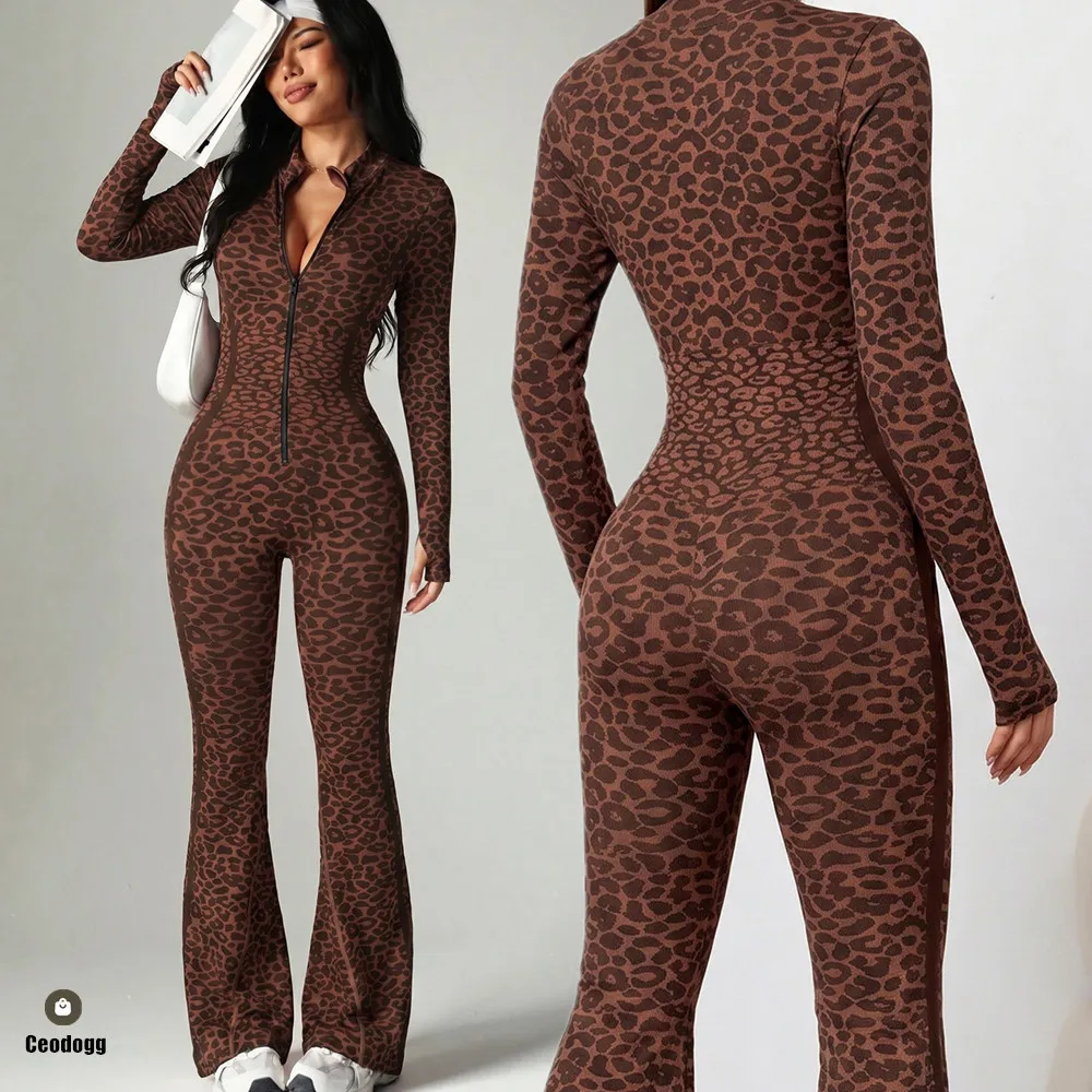 Zipper Women Seamless Jumpsuits Long Sleeve One Piece Yoga Set Leopard Fitness Gym Bodysuits Flare Pants Sports Activewear XP290