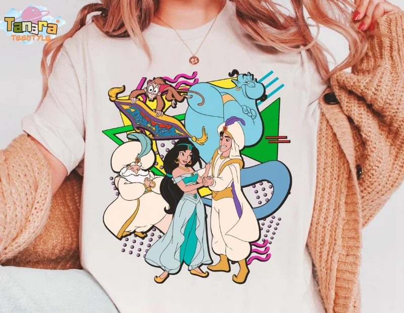 Camiseta retro del escuadrón de Aladino de Disney de los años 90, top corto, diseño de tiro de grupo vintage, personajes de Jasmine Genie Jafar, Magic Kingdom Disneyland