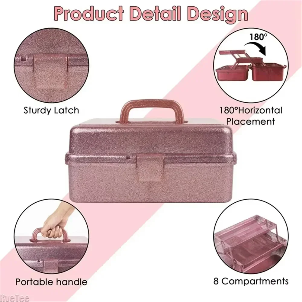 3-layer Foldable Hand-held Storage Box All-glitter Beauty Cosmetics Prop Boxes with Handle Large-capacity Makeup Toolbox Homeuse