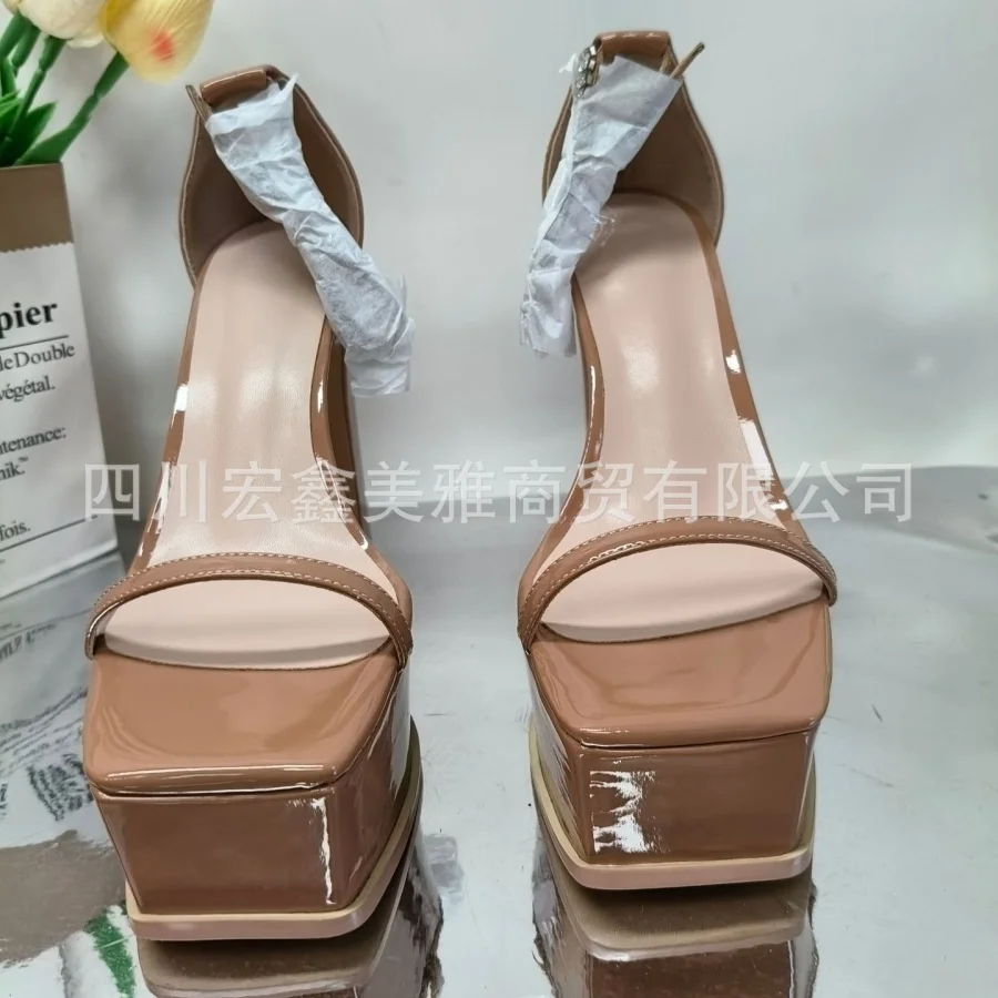 

Women Patent Leather Satin Open Toe Platform Thick Heel Sandals Crystal Rhinestone Ankle Strap Extreme High Heel Dress Shoes
