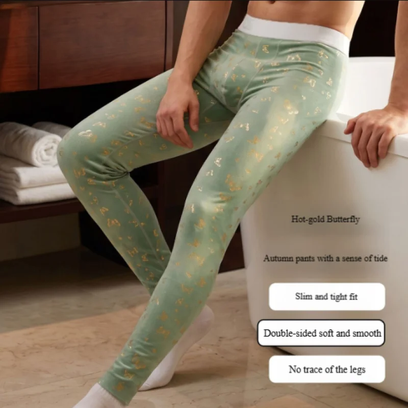 Men Thermal Long Johns Gold Butterfly Print Double Faced Fleece Base Layer Slim Fit Warm Underwear Trousers For Autumn Winter