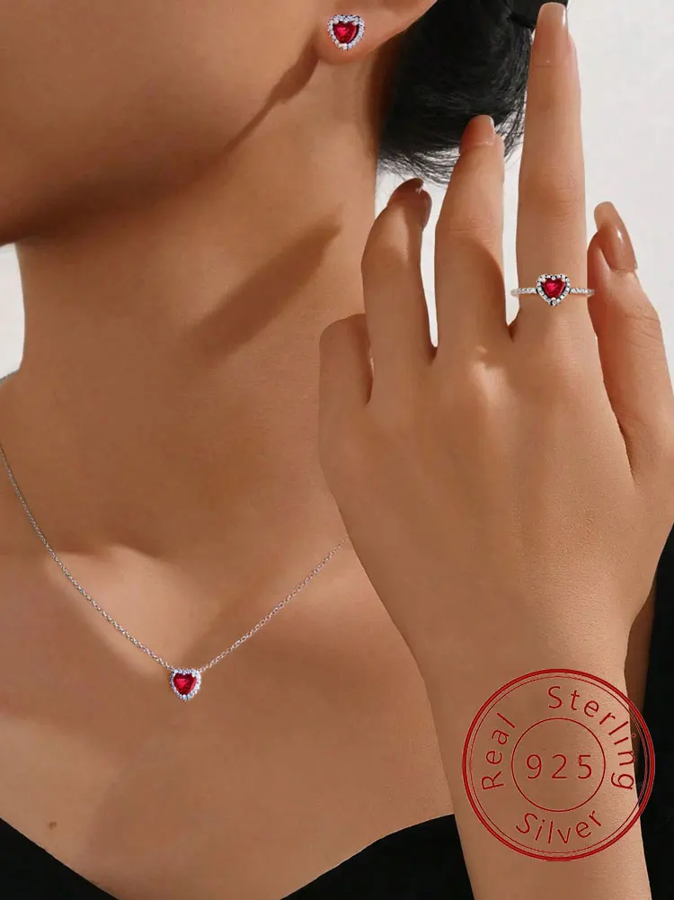 

925 Sterling Silver Fashion Shiny Red Love Heart Ring Necklace Earring Set for Women Anniversary High Quality Fine Jewelry