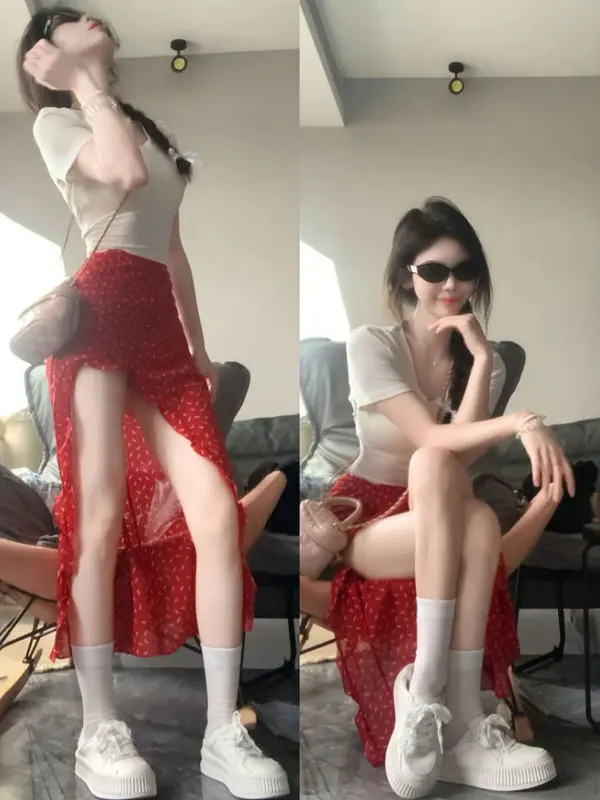 

Красный комплект из двух предметов с цветочным принтом: модный тренд лета 2026 – топ с цветочным узором на бретельках и юбка. Удобный, из смесового хлопка, стандартный крой.