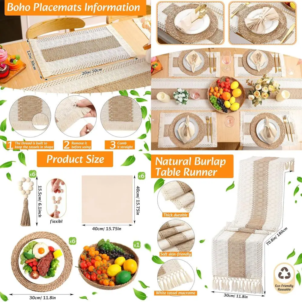 

Natural Burlap Cotton Boho Placemats Set: 6pcs Round Woven, Rectangular, Napkin Rings, Cloth Napkins, Table Runner & Basket for