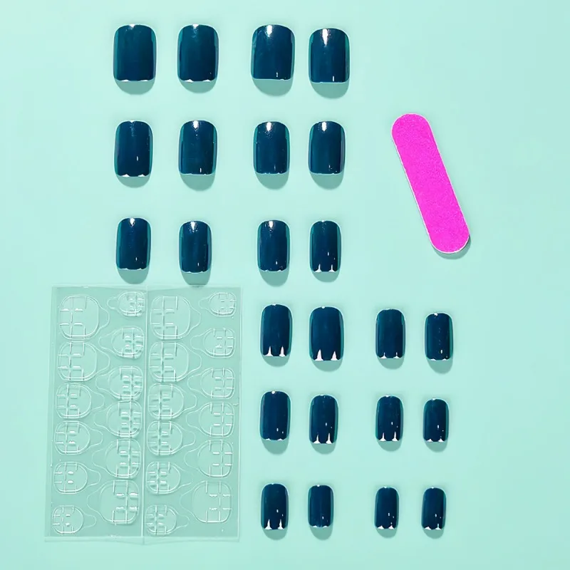 24 Pcs Short False Nails with Glue Square Glue on Nails Metallic Ready-made Artificial Fake Nail Girls Press on Nails with Glue