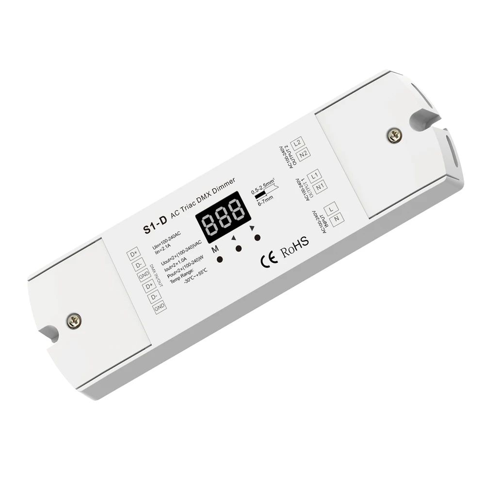 AC100V - 240V 240W 2-kanałowy 2-kanałowy ściemniacz LED Triac DMX, dwukanałowy wyjście Silikonowy kontroler LED DMX512 Wyświetlacz cyfrowy S1-D