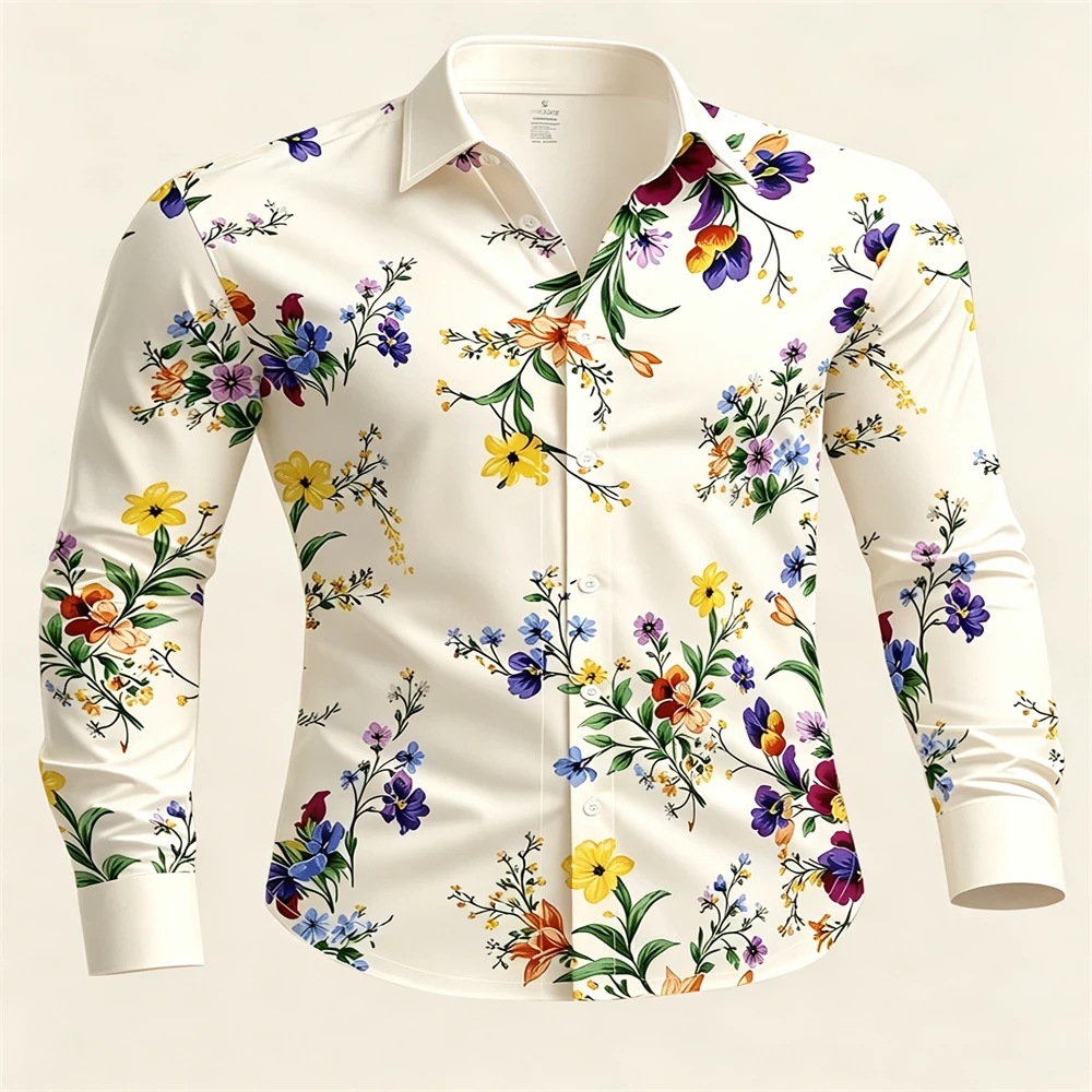 Men's FloralPrintLong Sleeve Shirt 4‑Way Stretch Turn‑down utton‑Up Casual Shirts Multicolor Hawaiian Style Vacation Party Tops
