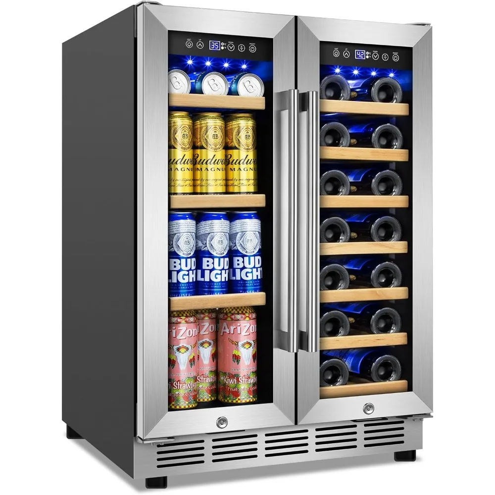 Wine and Beverage Refrigerator, 24 Inch Beverage Cooler Dual Zone with Glass Door, Built-in/Freestanding