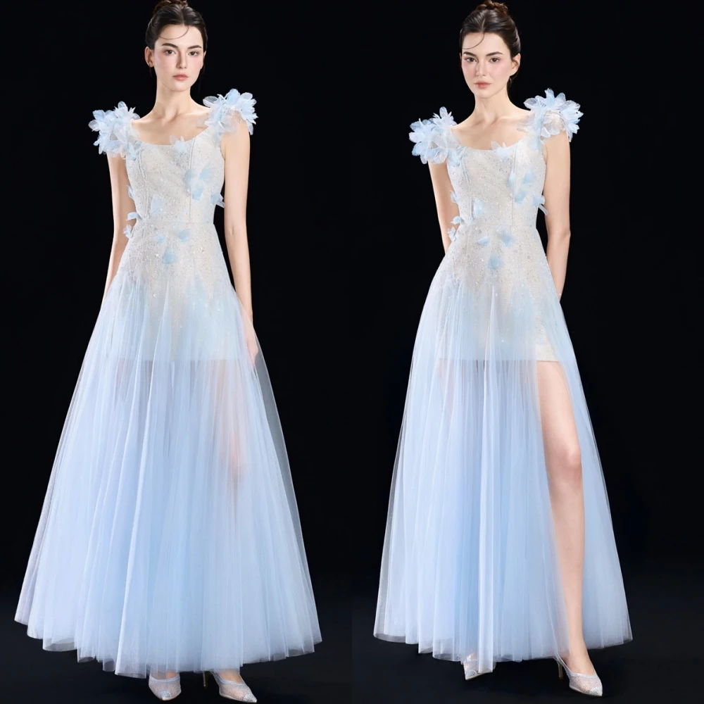 

Customized Elegant Tulle Scoop Evening Dress Classic Off the Shoulder Prom Dresses Fashion Flowers Special Occasion Gowns