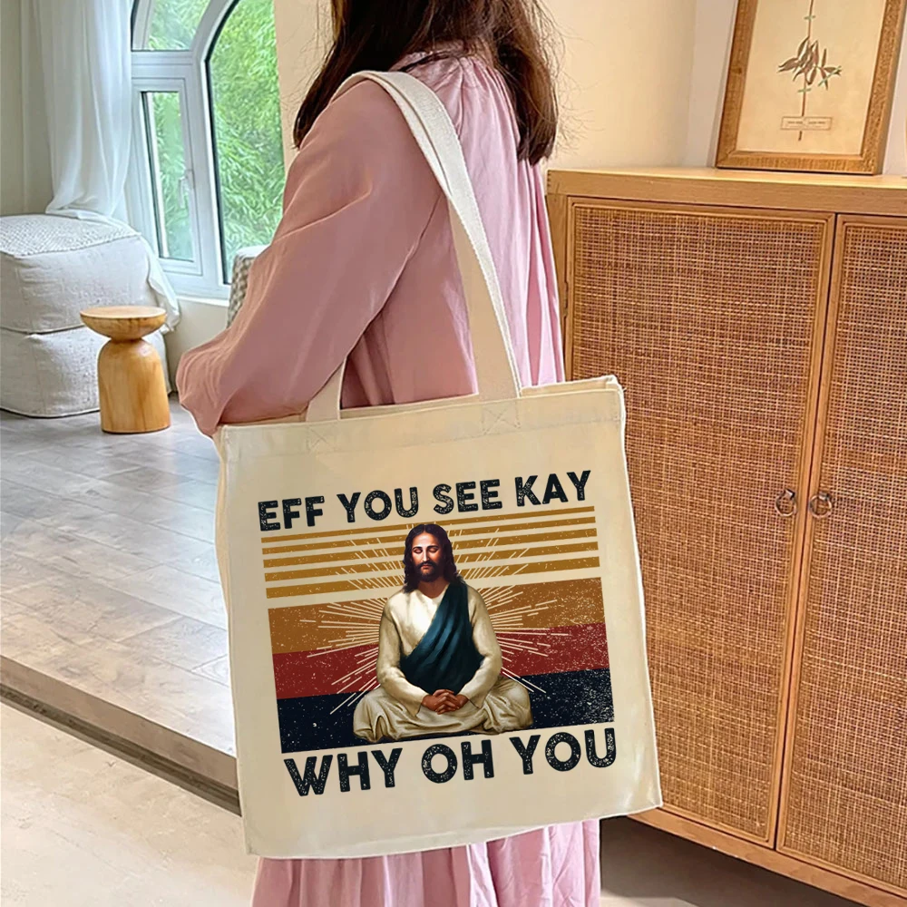 Vintage Christian Jesus Tote Bags Jesus Love U Eff You See Kay Why Oh You Ladies Elegant Shoulder Bags Large Capacity Canvas Bag