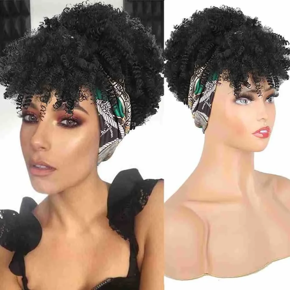 Kinky Curl Headband Wigs for Black Women Scarf Wigs Black Wig with Bangs Wig Turban Natural Wig Headbands Wigs Synthetic