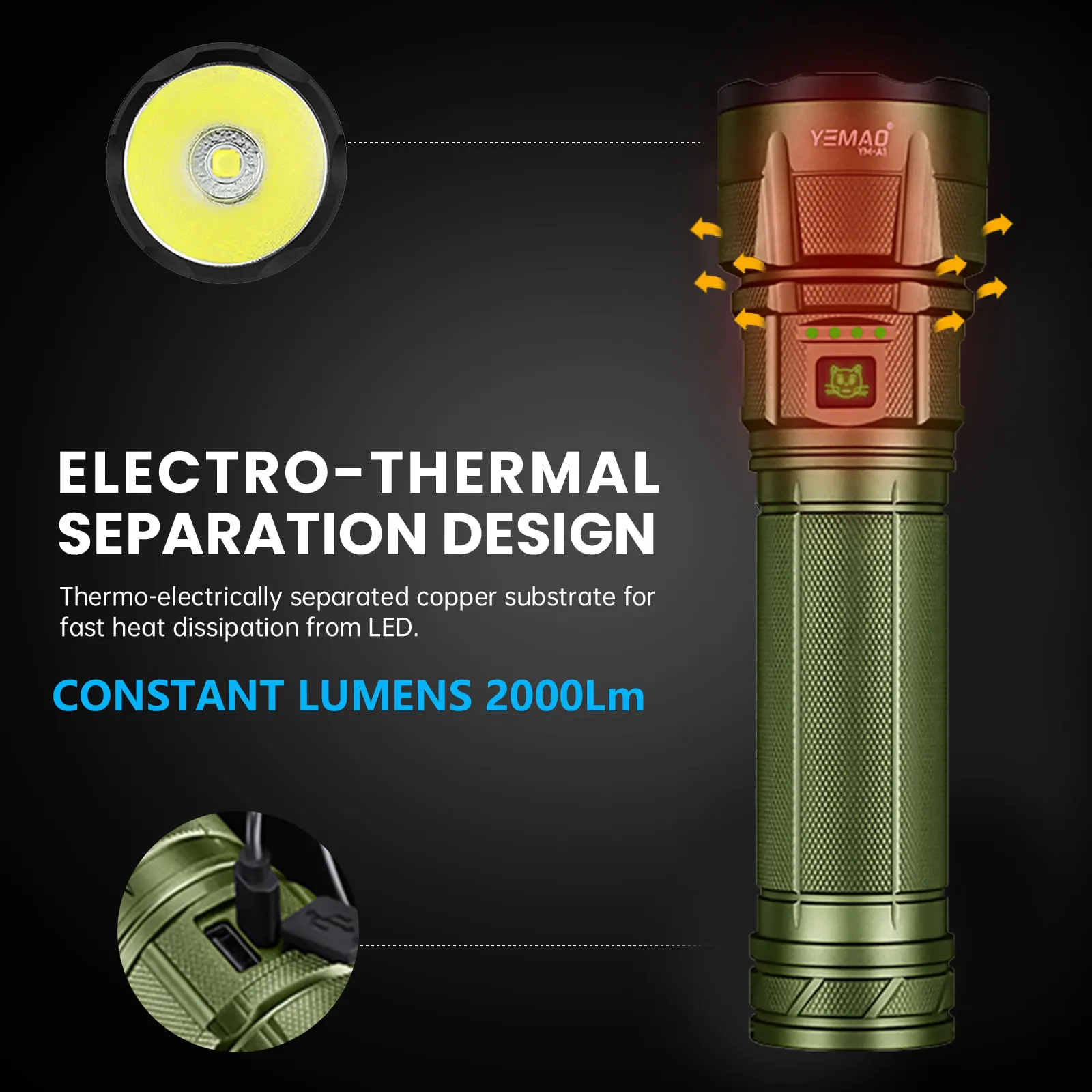 YEMAO A1 2800LM مشاعل تكتيكية فائقة السطوع LiFePO4 Battrey 15000mah المحمولة القابلة لإعادة الشحن LED الشعلة 300 متر نطاق الأضواء