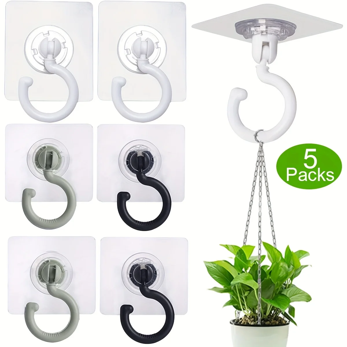 5pcs Adhesive Ceiling Hooks For Hanging Solution, Rotatable Ceiling Hooks No Drill Ceiling Hanging Hook