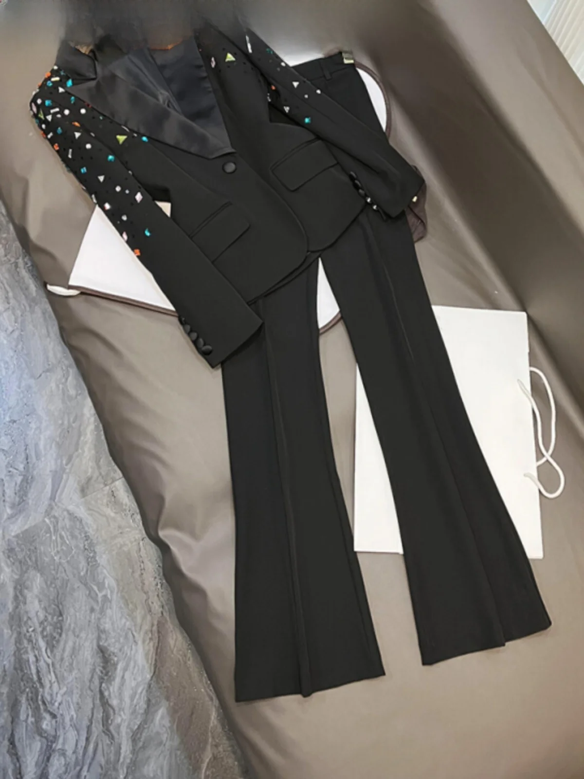 

Faionable Slim Fit Suit Jaet And Micro Flare Pants Set with Rhinestones Two Piece Set for Women Ages 25-35