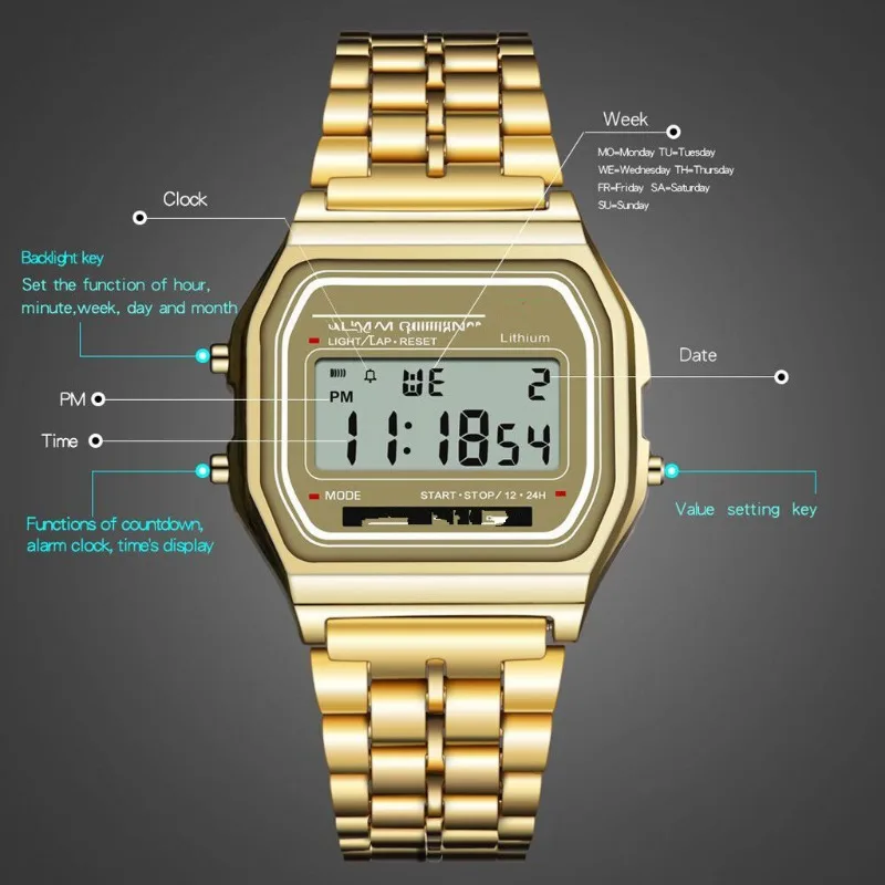 Luxury LED Digital Watch for Men Stainless Steel Men\'s Electronic Wristwatch Simple Business Gold Sliver Mens Watch Reloj Hombre