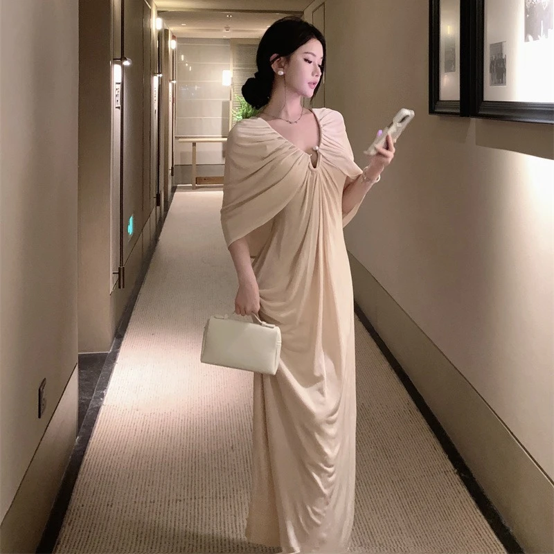 Autumn French Elegant Fashion Long Evening Gown Women's V-neck Shawl Cloak Sleeve Dating Dress High-street Casual Party Dress