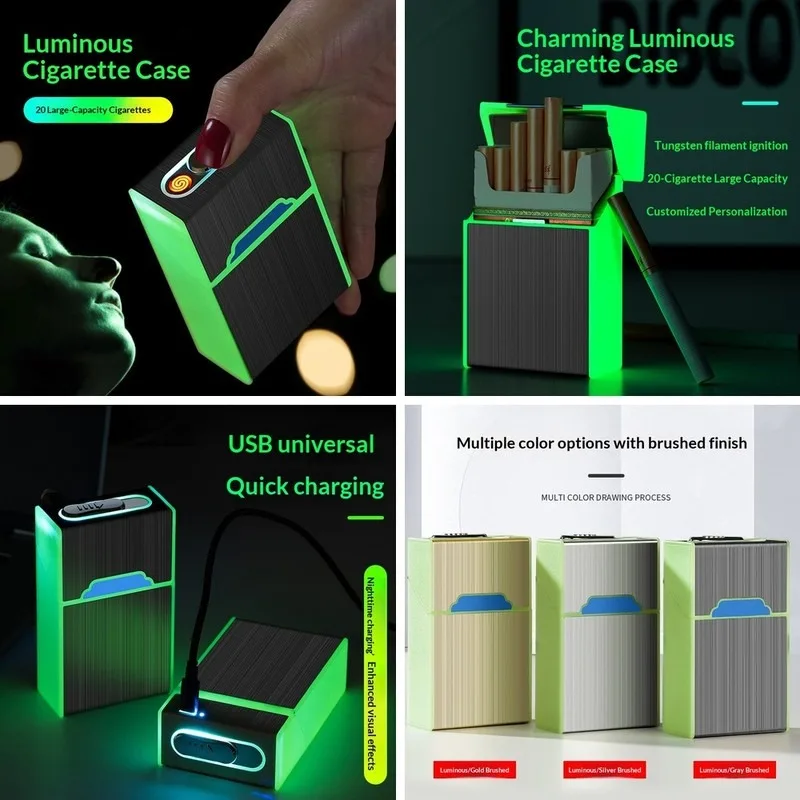 New Luminous Cigarette Case USB Rechargeable Lighter 20pcs Integrated Pack Custom Engraving Gift
