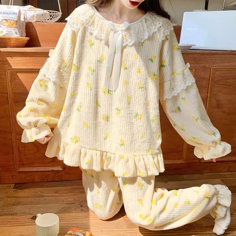 

Зимние милые кружевные пижамные комплекты принцессы с длинными рукавами, толстые теплые фланелевые пижамные комплекты для женщин, корейская милая одежда для сна, домашняя одежда