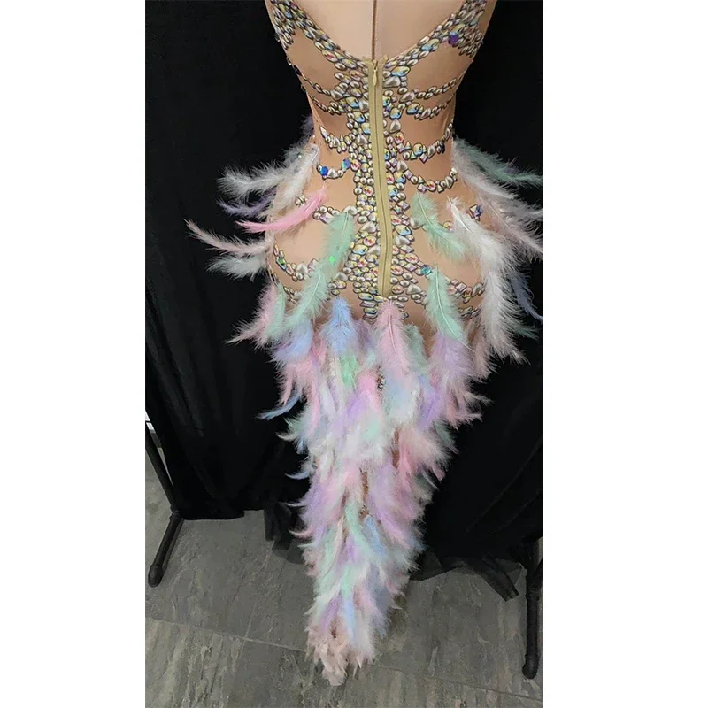 Colorful Feather Dress Sexy Women Singer Stage Show Outfit Crystal Stone Club Entertainer Party Dress Prom Social Costume